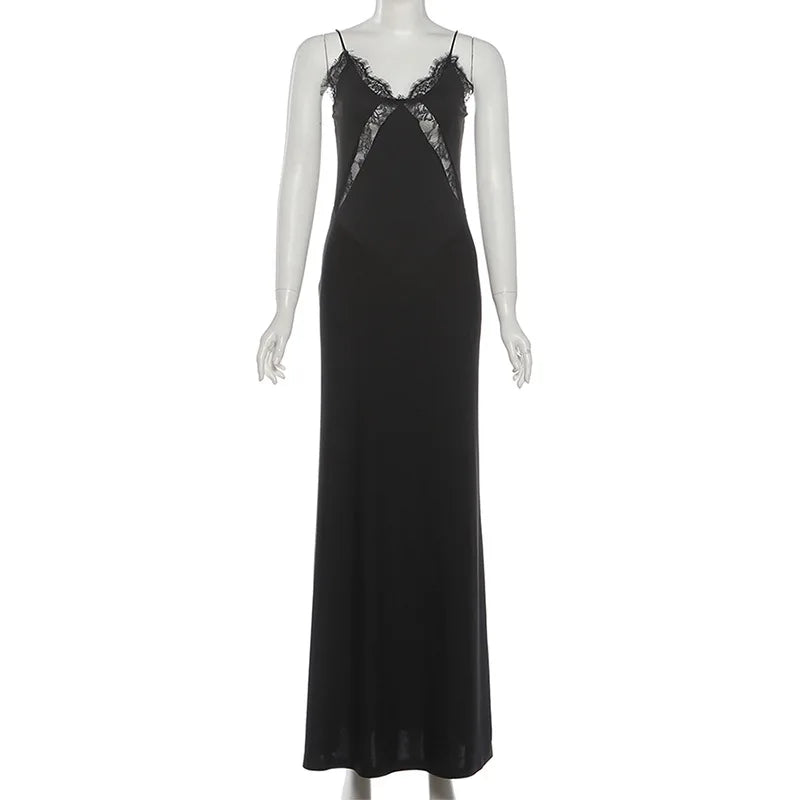 Elegant Backless Hollow Out See Through Patchwork Maxi Dress