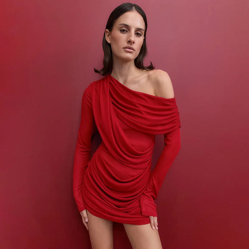 Slash Neck See Through Off Shoulder Long Sleeve Mini Dress