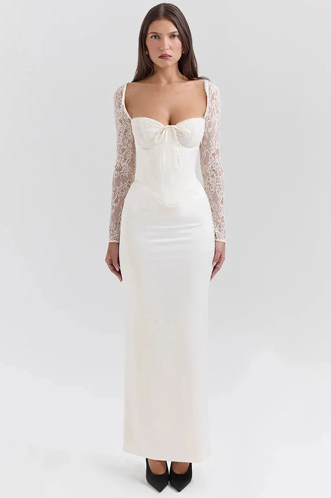 Lace Long Sleeve Square Collar Backless Maxi Dress