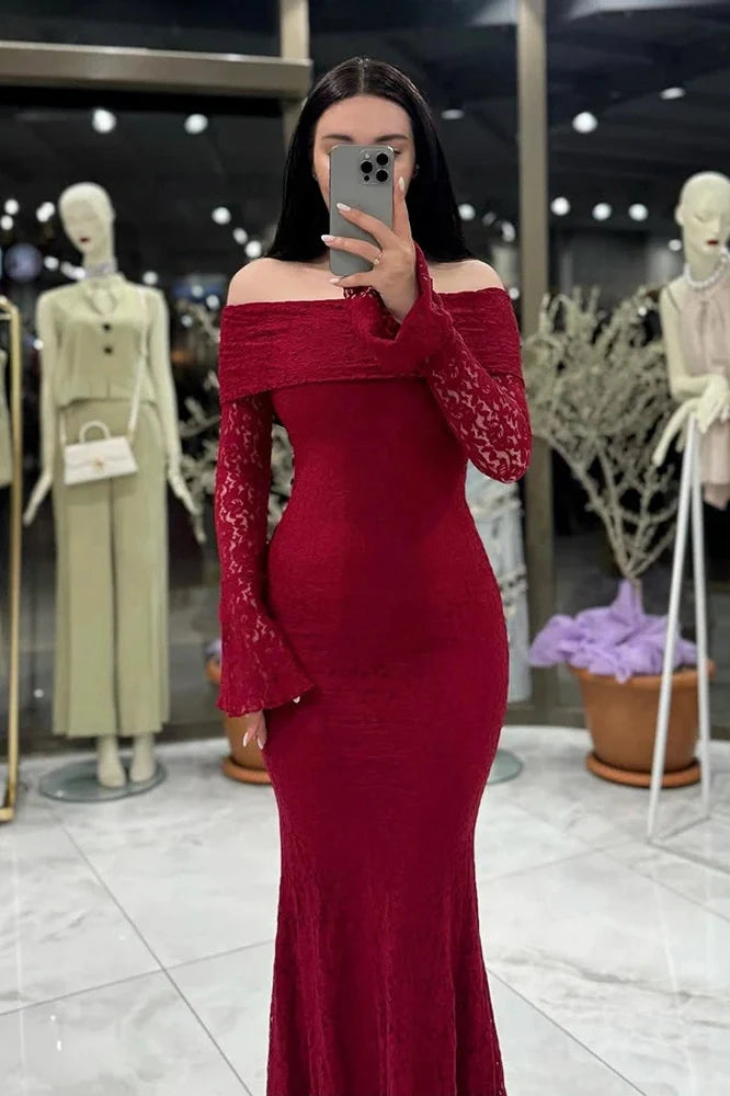 Slash Collar Lace Embroidery High Waist Maxi Dress