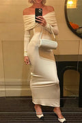 Pleated Slim Patchwork Off-Shoulder High Waist Maxi Dress