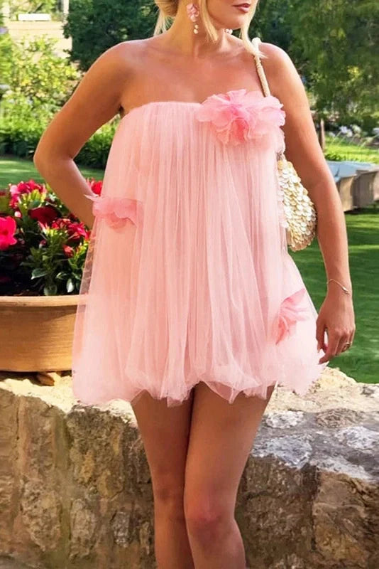 Off-Shoulder Strapless High Waist Pleated Mini Dress