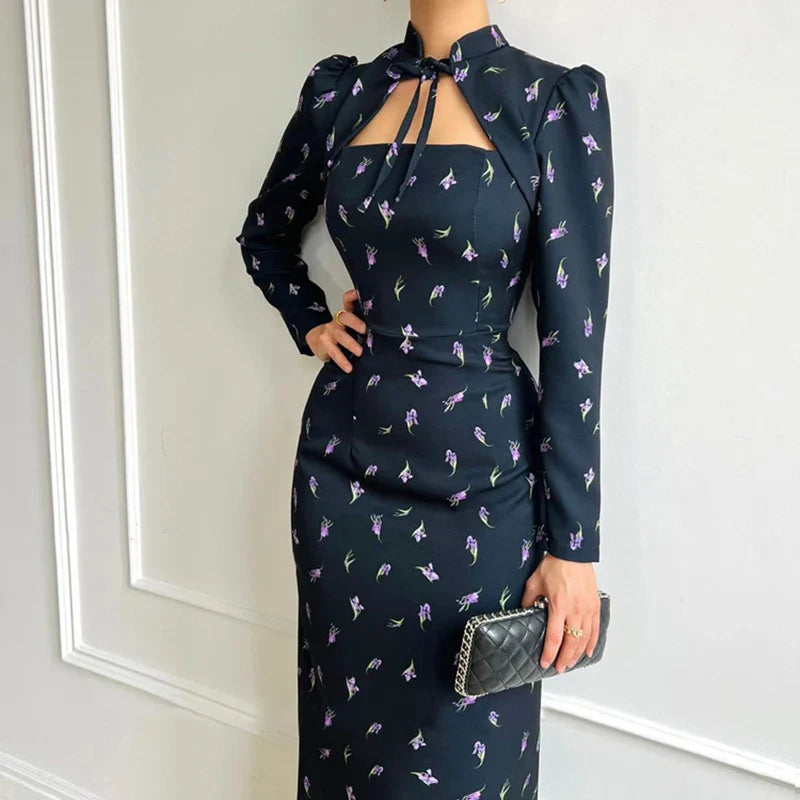 Printed Long Sleeve Lace Up Slit Maxi Dress