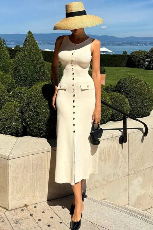Elegant Knitted Sleeveless Button Bodycon Midi Dress