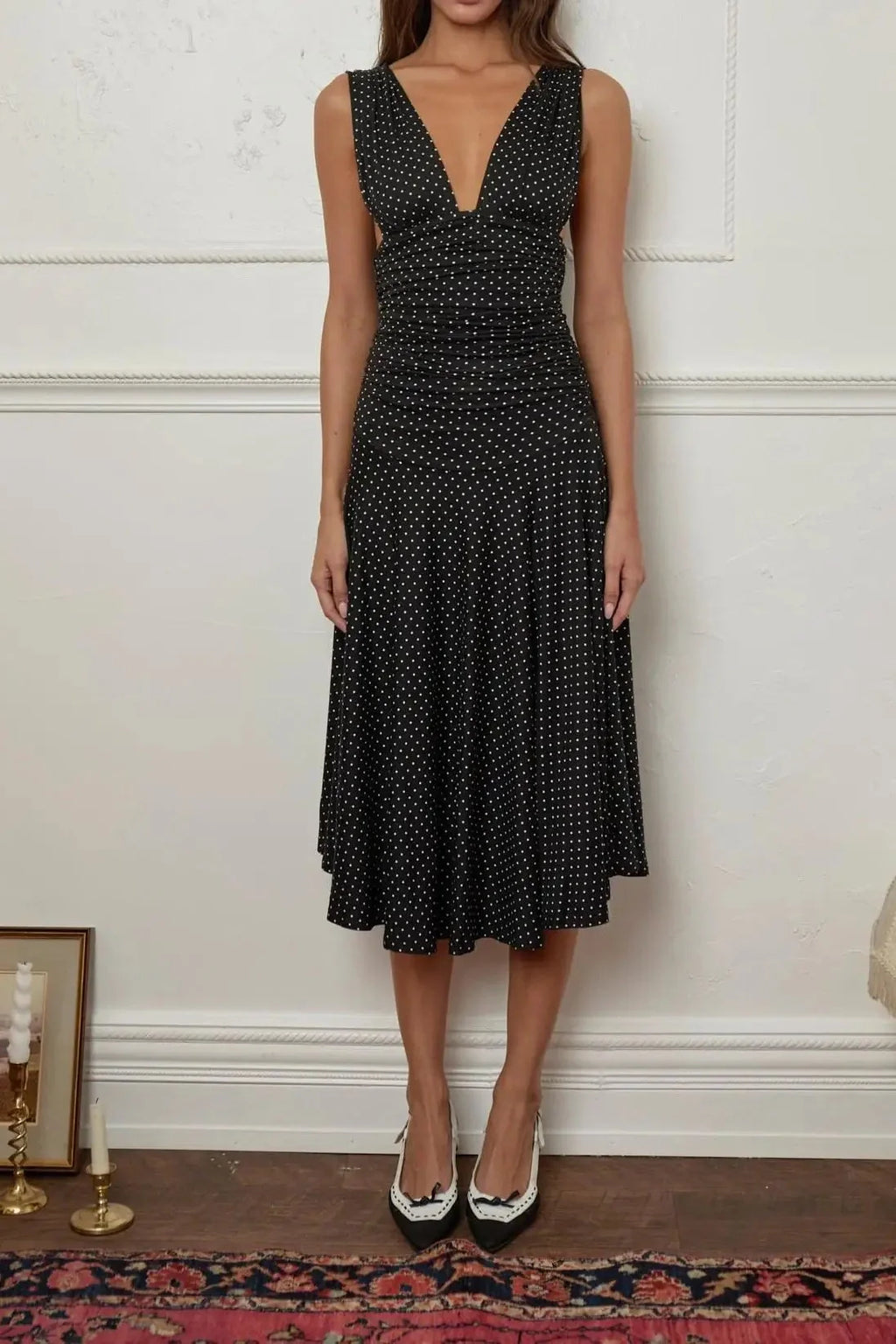 Printed Pleated Waist A-Line Sleeveless V-Neck Midi Dress