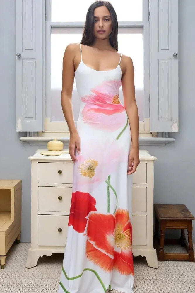 Printed Spaghetti Straps Backless Maxi Dress
