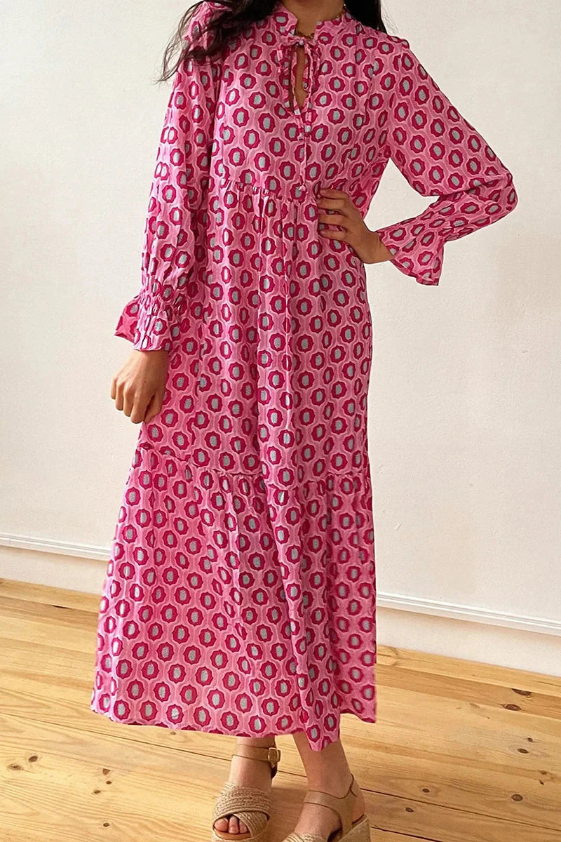 Print Tie-Up Long Sleeve V-Neck Maxi Dress