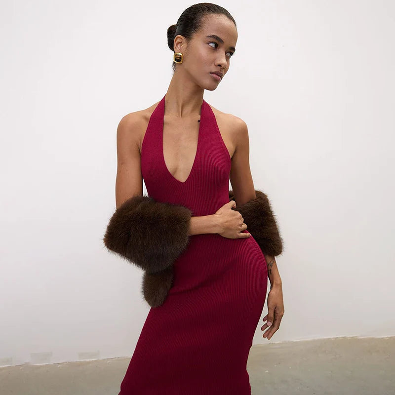 Knitted V-Neck Sleeveless Slim Midi Dress
