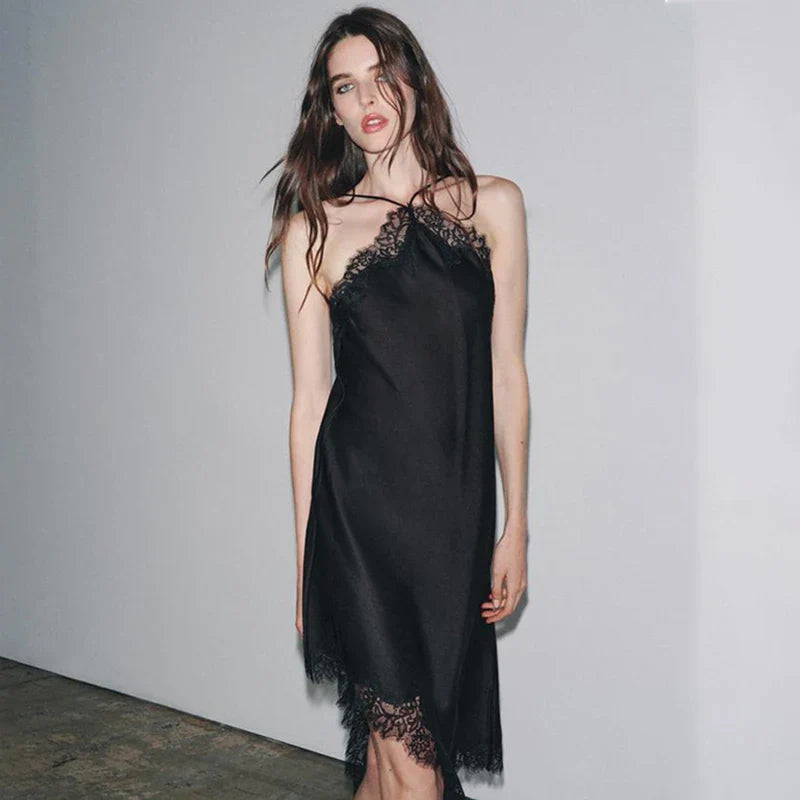 Lace Backless Spaghetti Strap Irregular Midi Dress