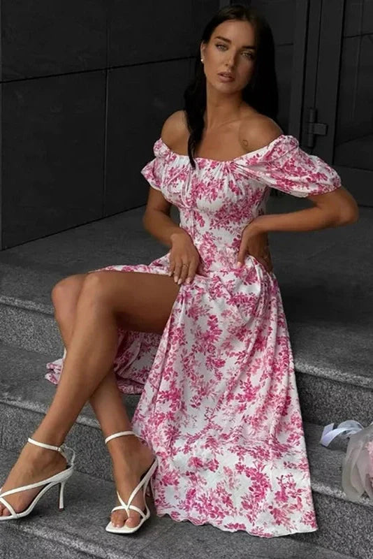Off Shoulder Floral Print Short-Sleeved Lace-Up Slit Maxi Dress