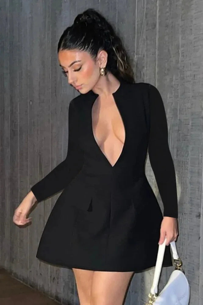 Long Sleeve Deep V Neck A-line Mini Dress