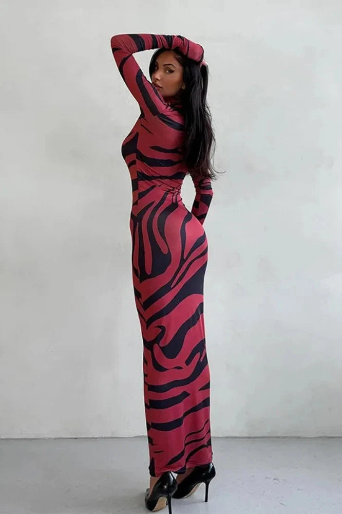 Printed Long Sleeve High Waist Maxi Dress