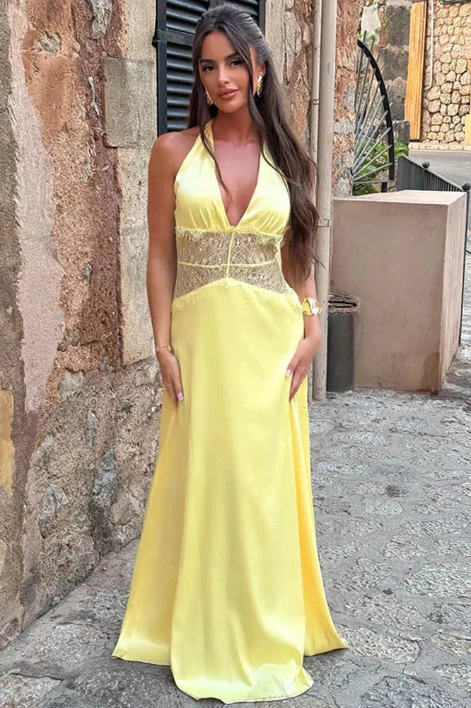 Backless Patchwork Lace Deep V Neck Sleeveless High Waist Maxi Dress