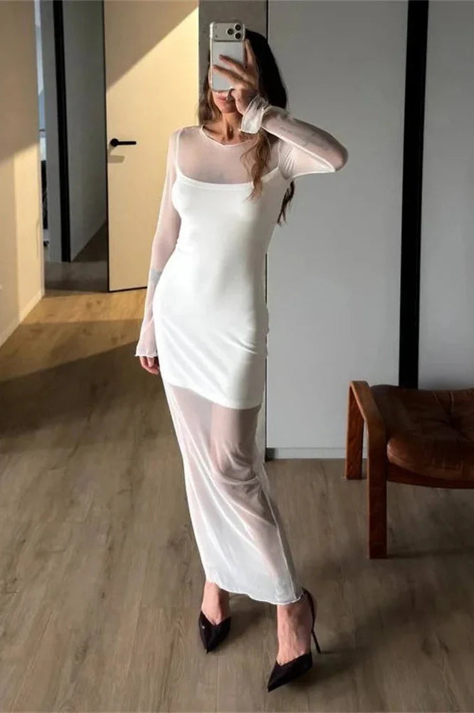 See-Through High Waist Patchwork Slim Maxi Dress