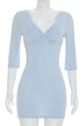 V-Neck Slim Long Sleeve High Waist Patchwork Mini Dress