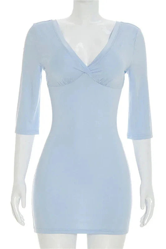 V-Neck Slim Long Sleeve High Waist Patchwork Mini Dress