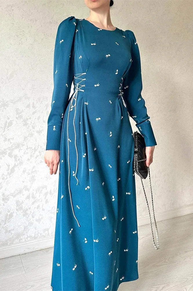Printed Slim Patchwork Lace-Up Long Sleeve Maxi Dress
