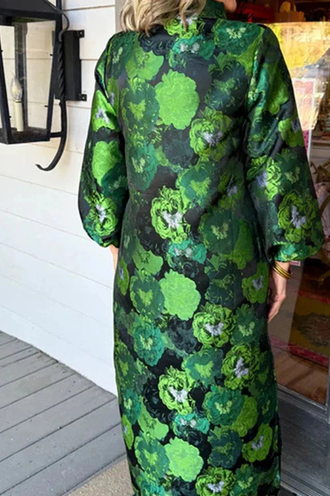 Elegant Pocket Floral Printed Long Sleeve Loose Maxi Dress