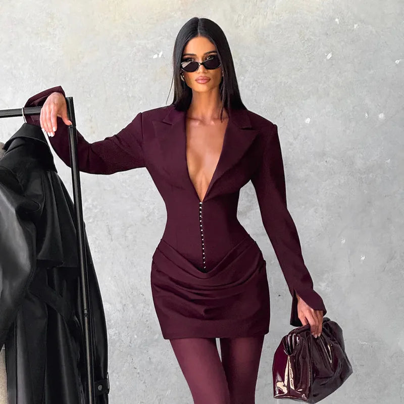 Deep V Neck Long Sleeve High Waist Mini Dress