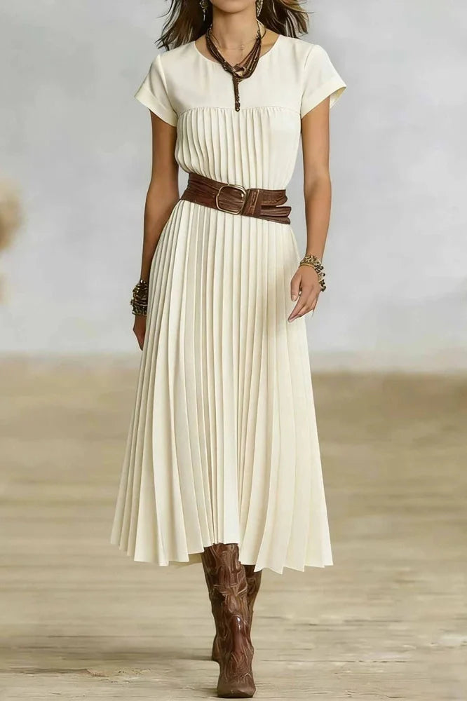 O-Neck Short Sleeve Pleated Loose High Waist Midi Dress