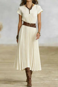 O-Neck Short Sleeve Pleated Loose High Waist Midi Dress