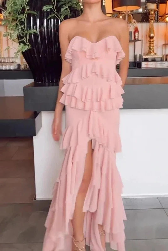 Elegant High Waist Split Strapless Maxi Dress