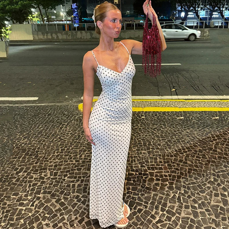 Polka Dot Printed Backless Maxi Dress