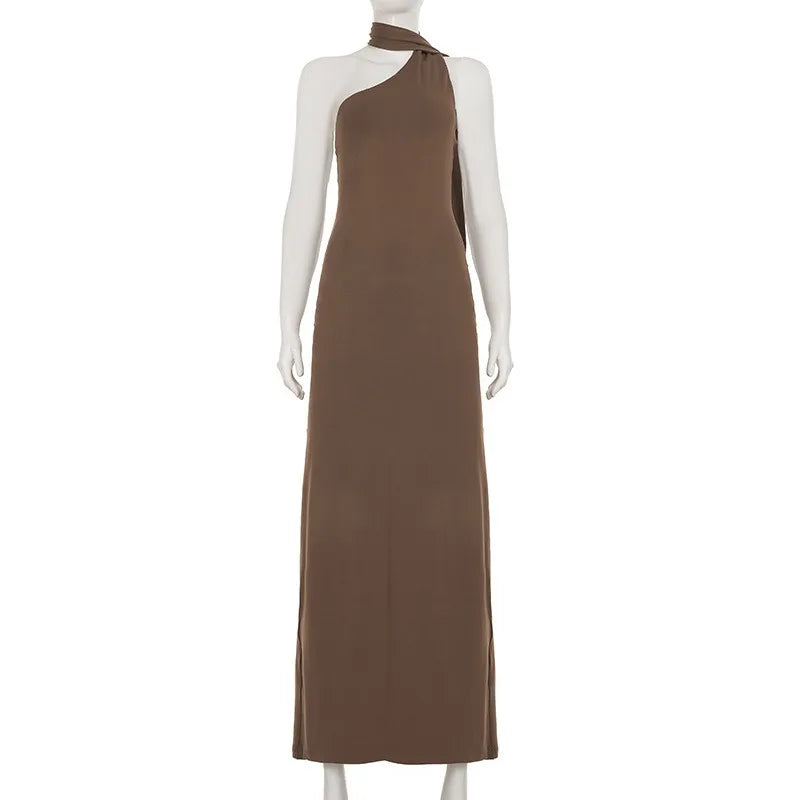 Backless Halter Neck Sleeveless Scarf Ribbon Maxi Dress