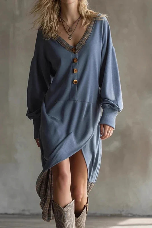 Long Sleeve V-Neck Button Split High Waist Irregular Midi Dress