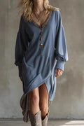 Long Sleeve V-Neck Button Split High Waist Irregular Midi Dress