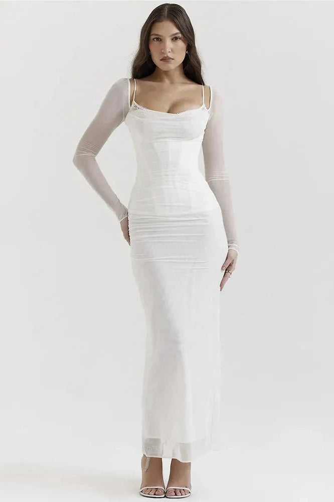 Elegant Sheer Long Sleeve Strapless Backless Maxi Dress