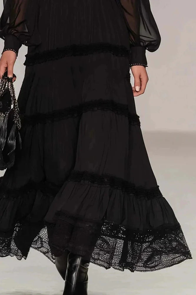 Pleated V-Neck Long Sleeve High Waist Maxi Dress