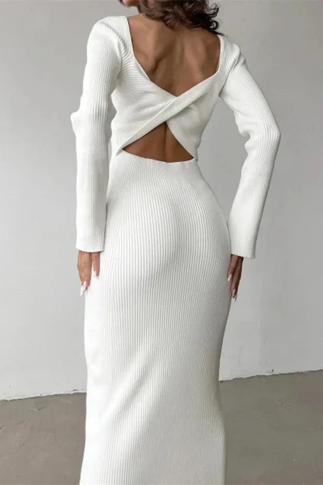 Hollow Out Long Sleeve Patchwork Slim Midi Dress