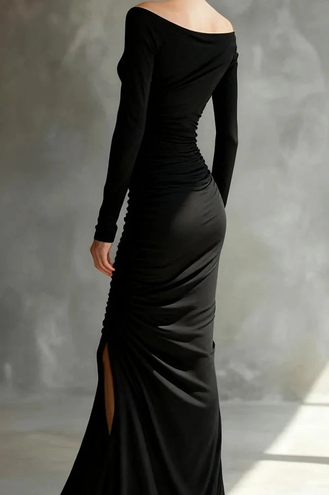 Elegant High Waist Split Long Sleeve Slash Collar Maxi Dress