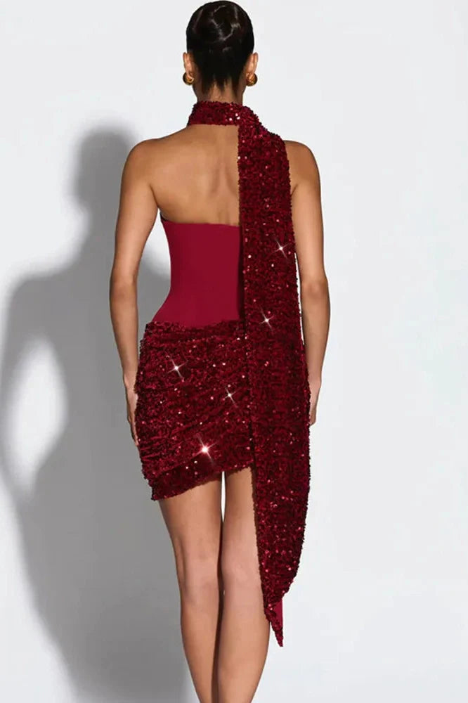 Scarf Collar Off-Shoulder Backless Sleeveless Mini Dress