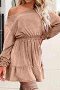 Slash Collar High Waist A-Line Long Sleeve Mini Dress