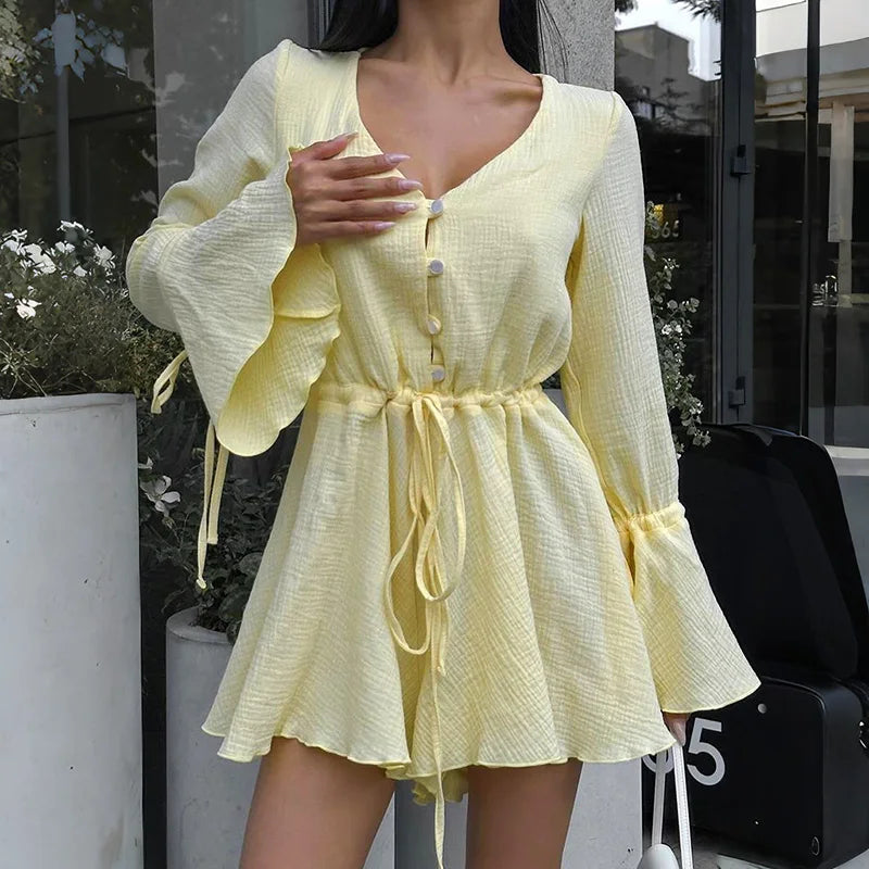 V Neck Lace-Up Patchwork Mini Dress