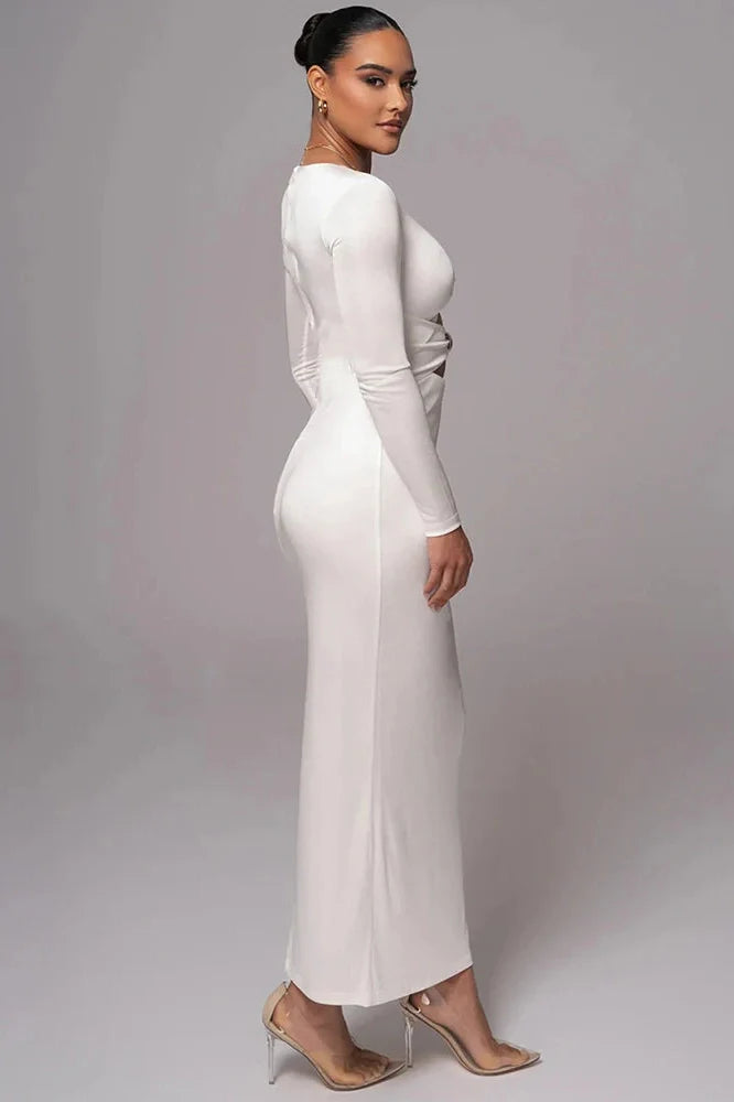 Long Sleeve V Neck Back Split Bodycon Maxi Dress