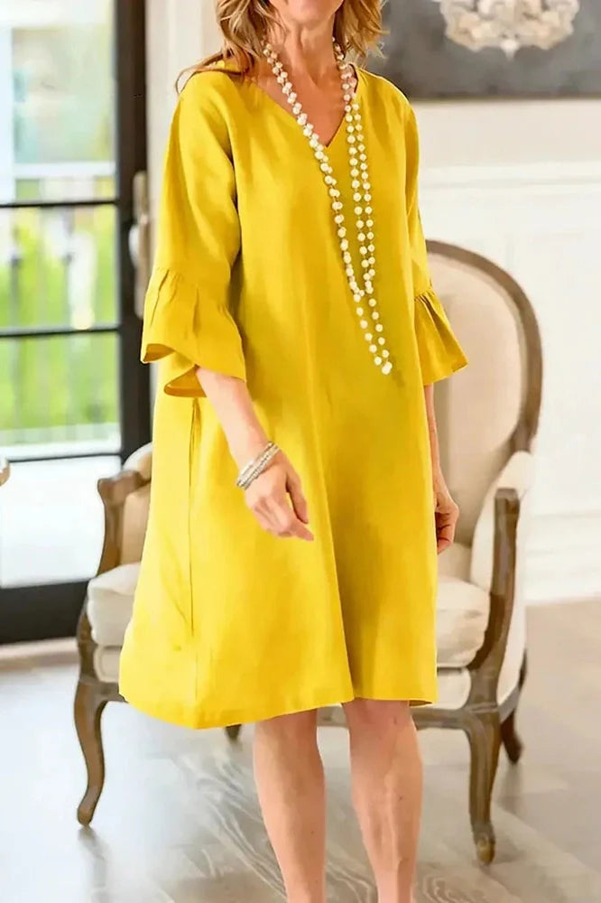 Half Sleeve V-Neck Loose Pleated A-Line Mini Dress