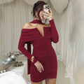 Off-Shoulder Scarf Ribbon Long Sleeve Mini Dress