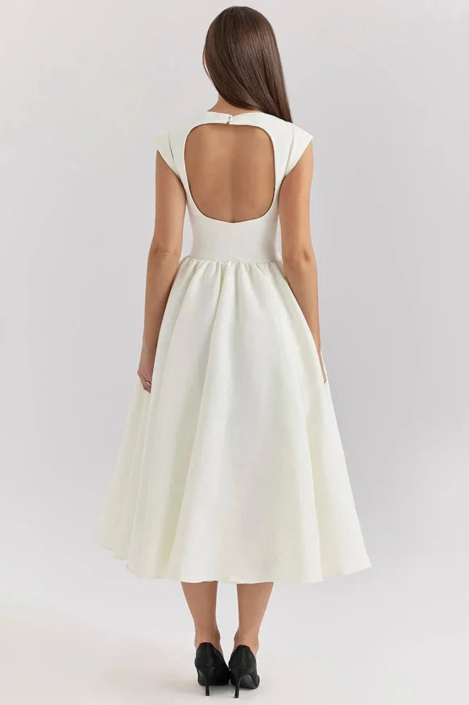 Hollow Out Backless Sleeveless High Waist Pleated A-line Midi Dress