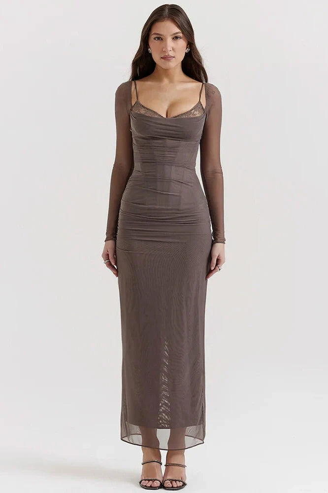 Elegant Sheer Long Sleeve Strapless Backless Maxi Dress