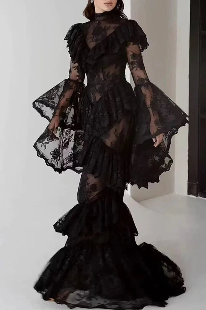 Long Sleeve Lace Embroidery High Waist Maxi Dress