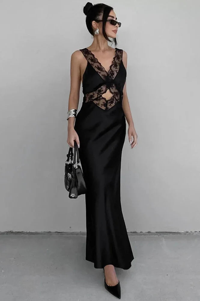 Lace Slim Deep V Neck High Waist Maxi Dress