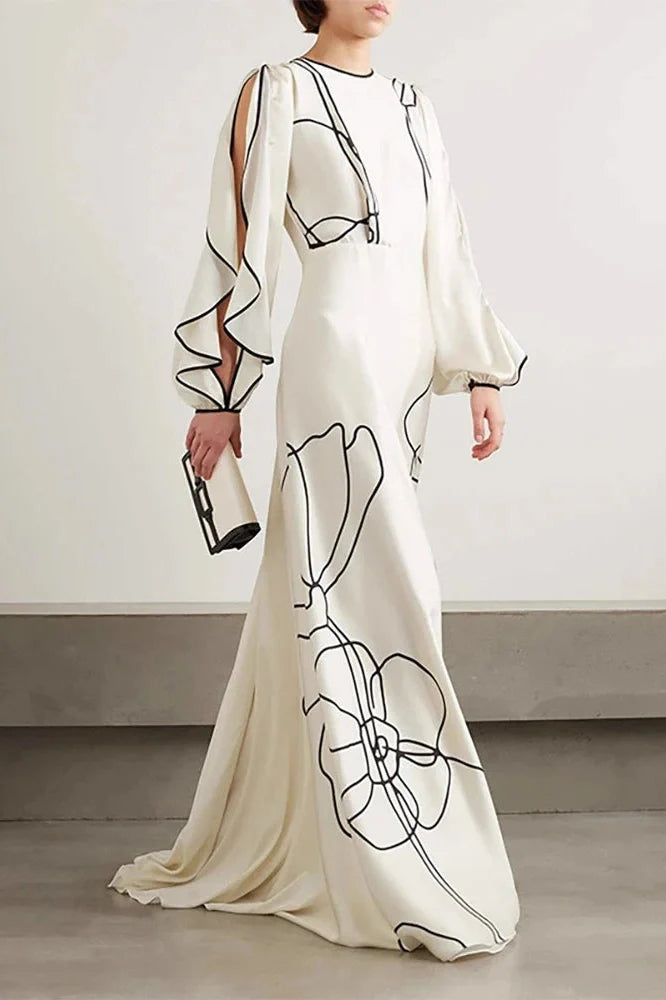 O-Neck High Waist Pleated Sleeve Fit Maxi Dress