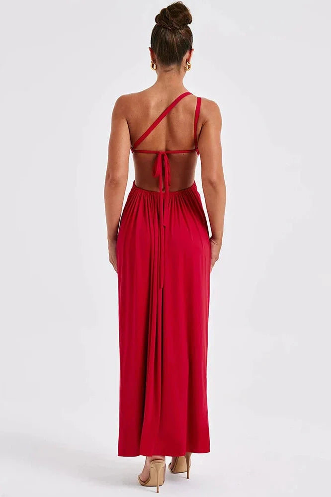 One Shoulder Diagonal Collar Backless Maxi Dress