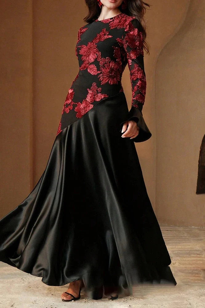 Elegant High Waist O-Neck Flare Sleeve Pleated Maxi Dress
