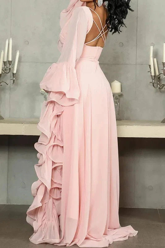 O-Neck High Waist Backless Lace Up Long Sleeve Maxi Dress