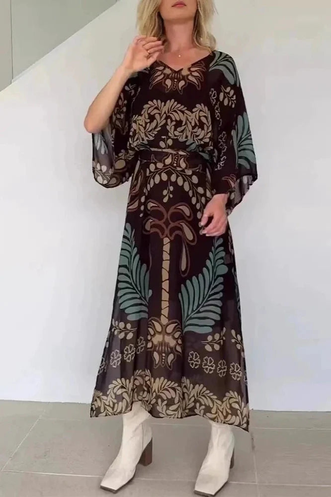 Long Sleeve Loose Pleated Lace Up Printed V-Neck Maxi Dress