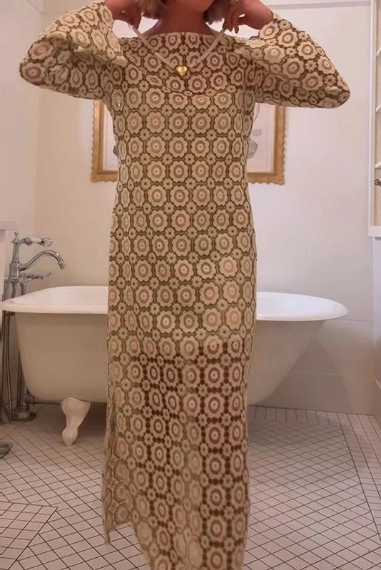 O-Neck Loose A-Line See-Through Printed Maxi Dress